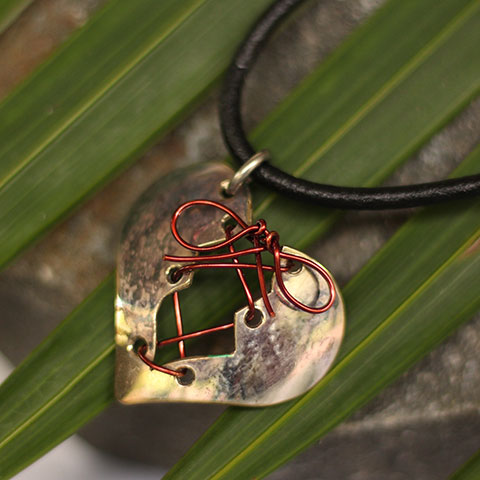 Recycled silver stitch heart spoon pendant handmade in Eumundi